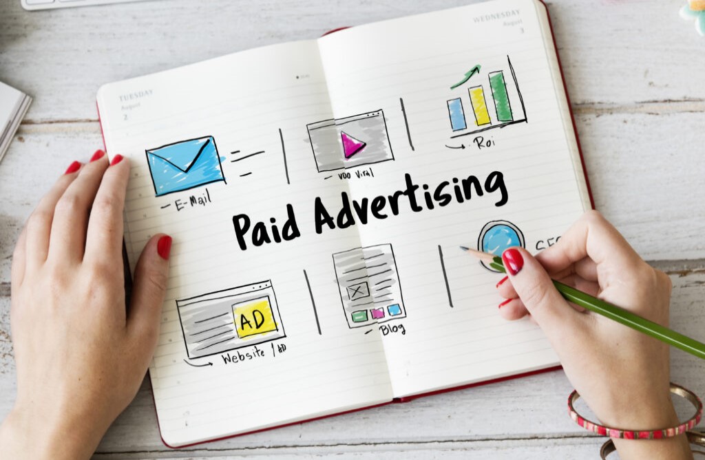 A2Z Lebanese Marketing Agency – Visual Guide to Paid Advertising Strategy Notebook sketch of paid advertising strategy including email, website ads, SEO, blog, ROI, and video marketing.