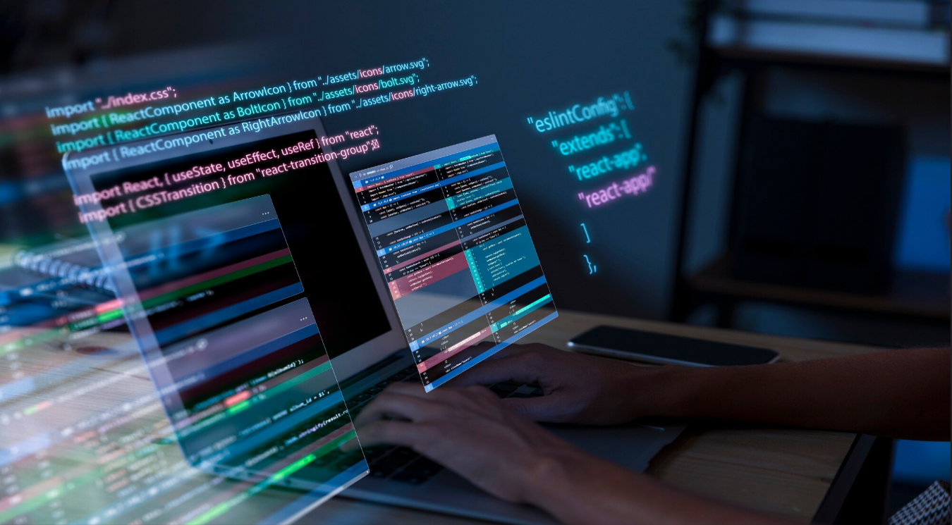 Hands coding on a laptop with digital overlays, representing A2Z Lebanese Marketing Agency’s professional web development services.