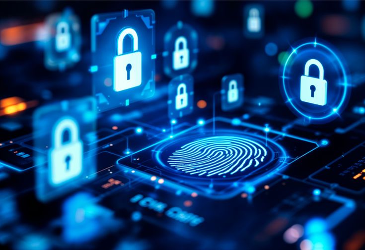 Digital fingerprint and lock icons representing cybersecurity, used to illustrate A2Z Lebanese Marketing Agency’s ethical hacking services.