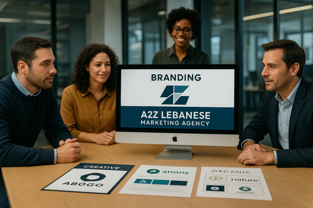 A2Z Lebanese Marketing Agency – Strategic Branding & Visual Identity Team meeting around branding designs and logo concepts at A2Z Lebanese Marketing Agency.