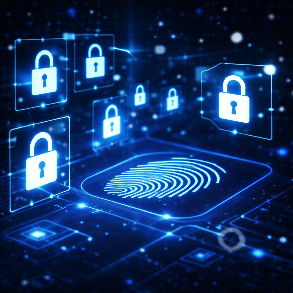 Cybersecurity and ethical hacking protection concept with digital fingerprint authentication and secure network encryption.