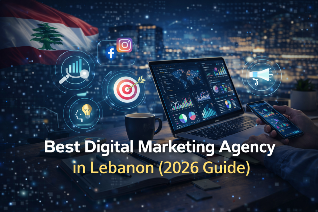Digital marketing agency strategy in Lebanon showing SEO analytics dashboard, social media marketing icons, and online advertising tools.
