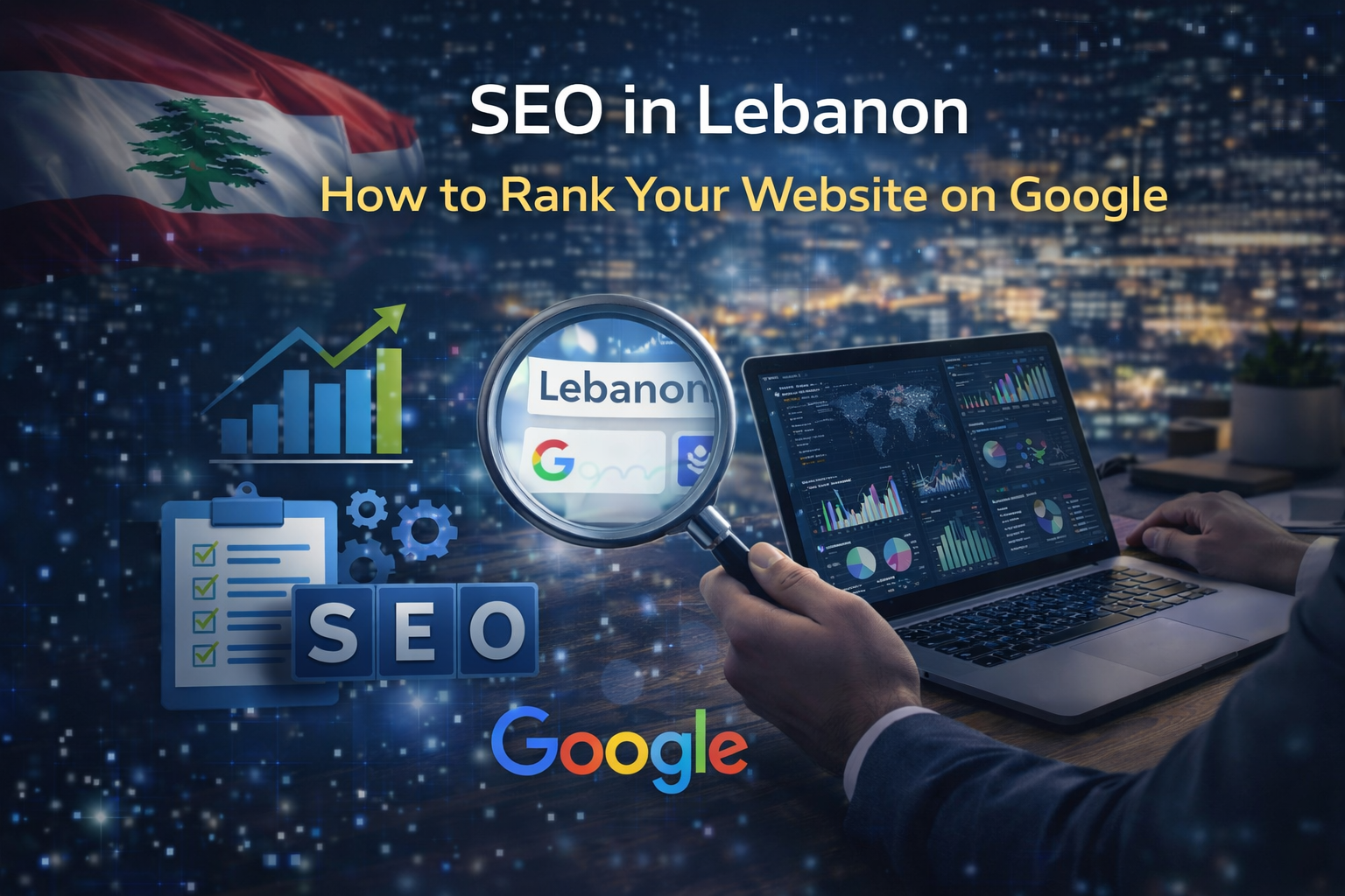 SEO strategy in Lebanon showing Google search optimization, website analytics dashboard, and ranking growth for businesses.