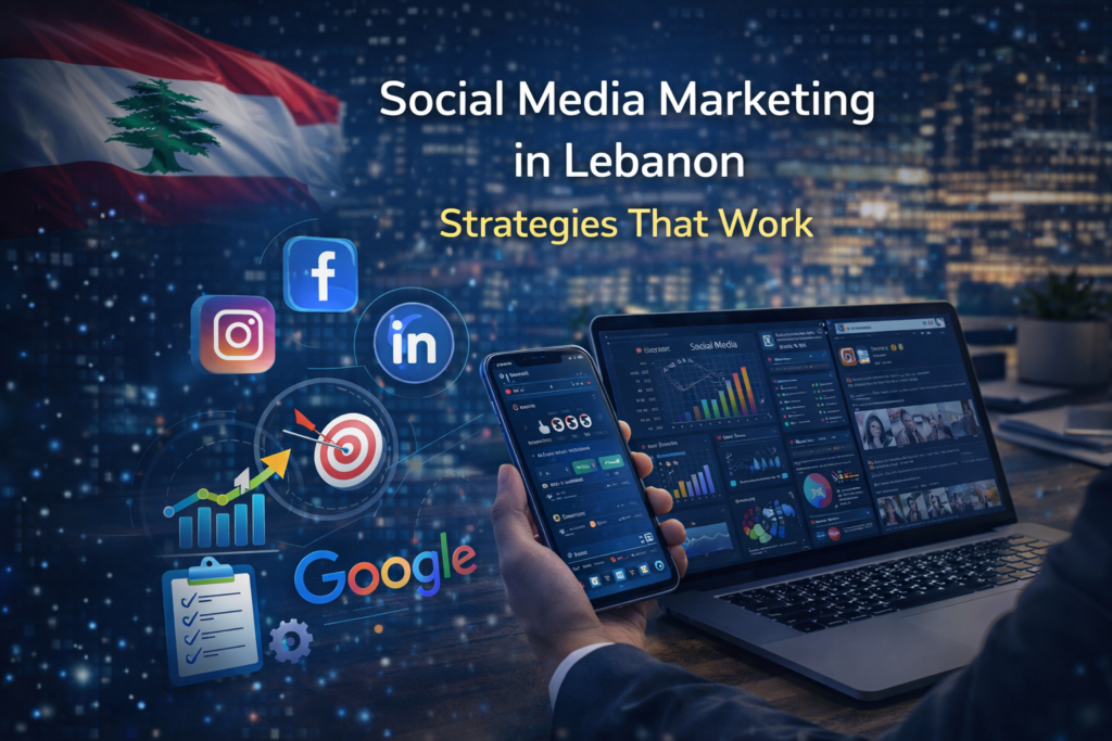Social media marketing strategy in Lebanon showing analytics dashboard, smartphone engagement metrics, and social media platforms used for business growth.